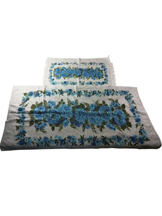 CANNON Other - Cannon Towels 70s Retro Blue Floral Fringe set of 2 Vintage